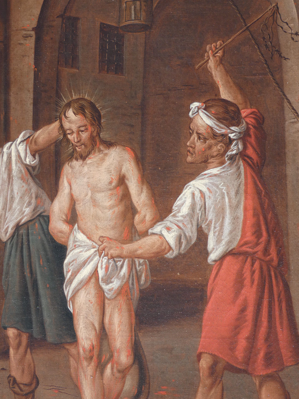 Antique 19thc French oil canvas relined painting Flagellation christ jesus