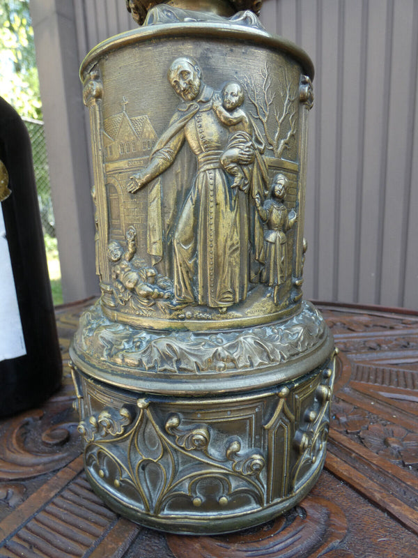 Anique copper relief Religious saint vincentius oil lamp glass shade 19thc
