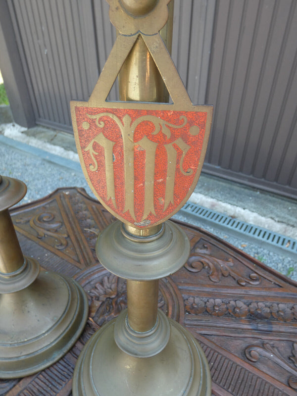 PAIR antique french copper enamel Plaque Altar church candlestick candle holders