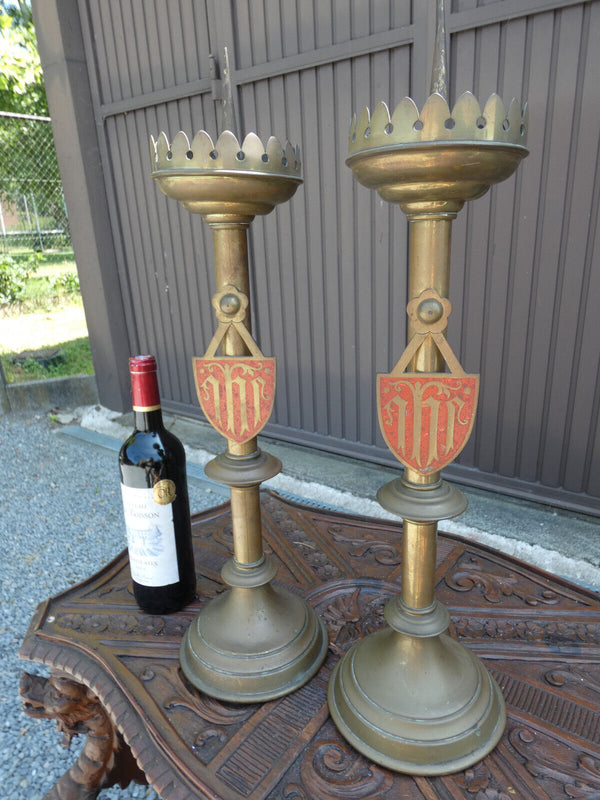 PAIR antique french copper enamel Plaque Altar church candlestick candle holders