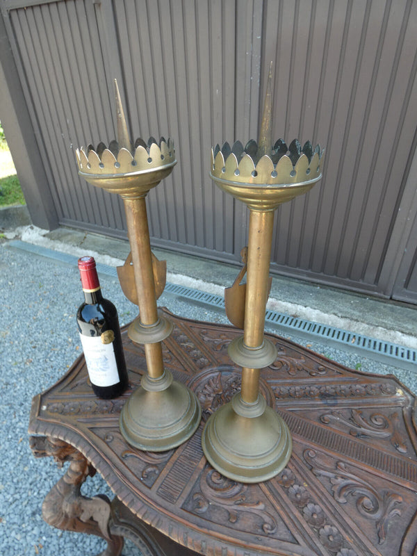 PAIR antique french copper enamel Plaque Altar church candlestick candle holders