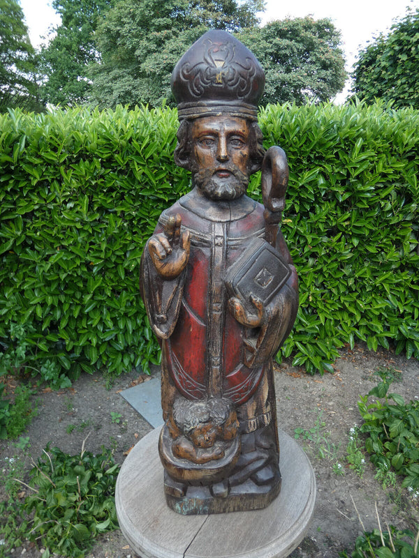 Antique French wood carved rare large saint nicholas children statue religious