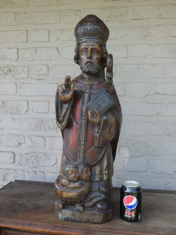 Antique French wood carved rare large saint nicholas children statue religious