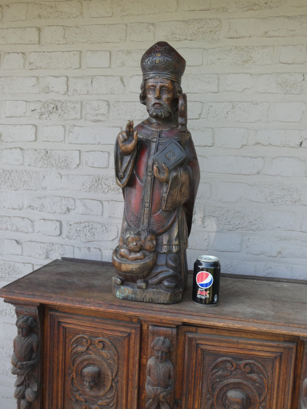 Antique French wood carved rare large saint nicholas children statue religious