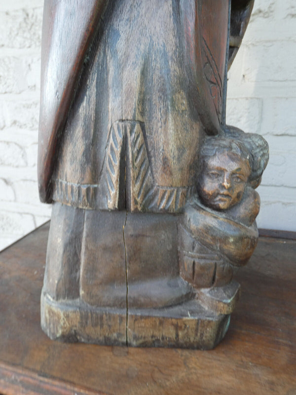 Antique French wood carved rare large saint nicholas children statue religious