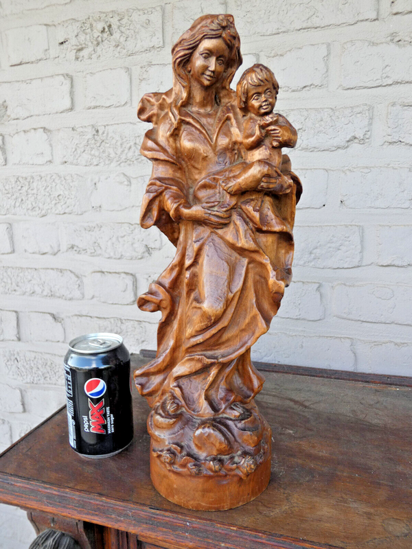 Vintage 50s Wood carved madonna child statue sculpture religious