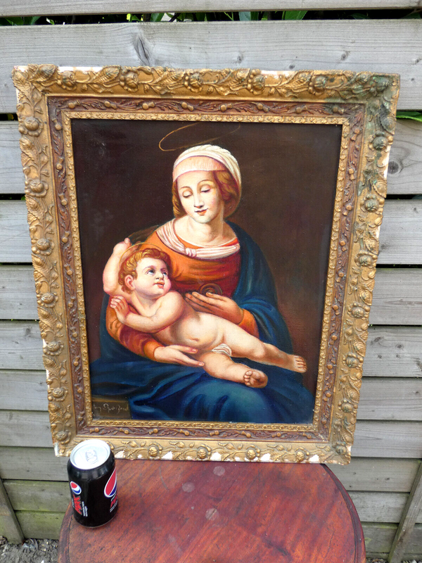 Antique oil canvas madonna child painting religious