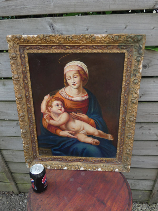 Antique oil canvas madonna child painting religious