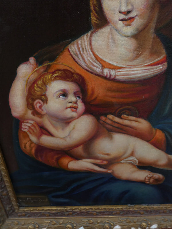 Antique oil canvas madonna child painting religious