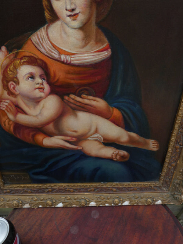 Antique oil canvas madonna child painting religious