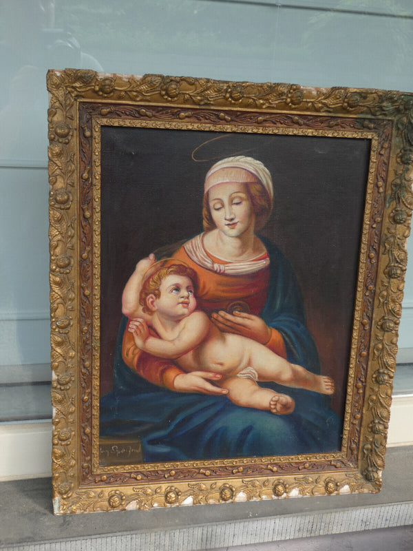 Antique oil canvas madonna child painting religious