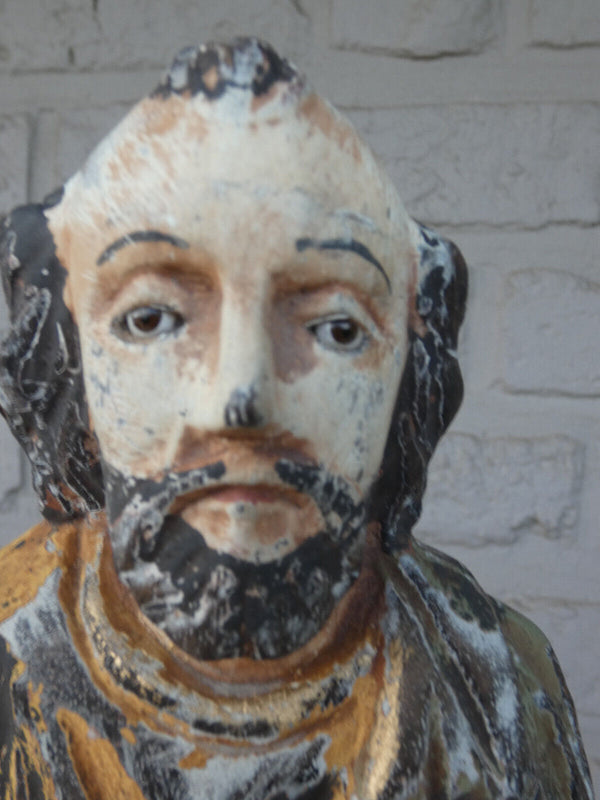 Antique  southern europe  wood carved polychrome saint peter glass eyes statue