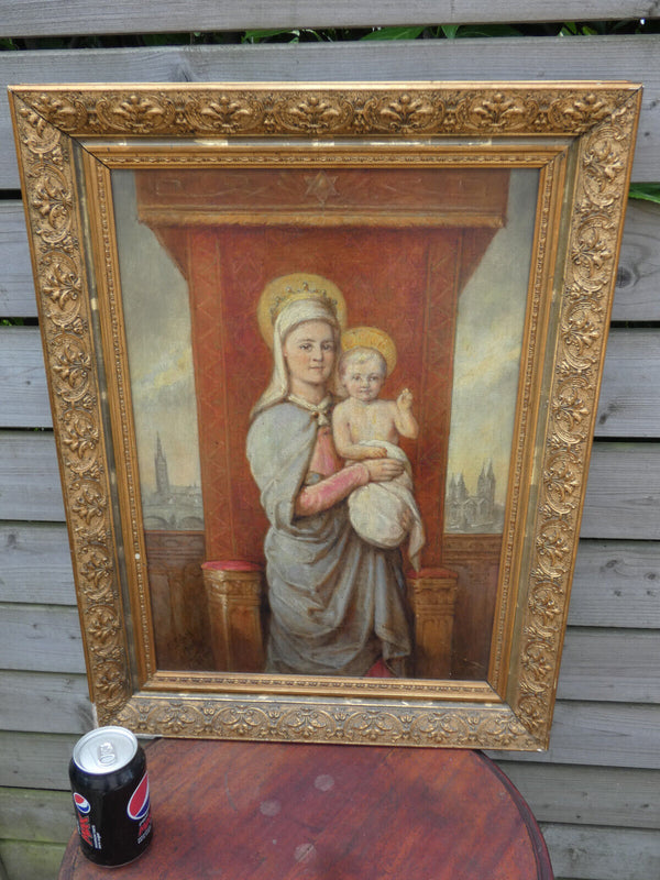 Antique oil panel 1906 Religious painting madonna child