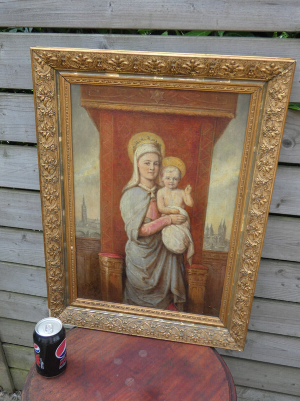 Antique oil panel 1906 Religious painting madonna child