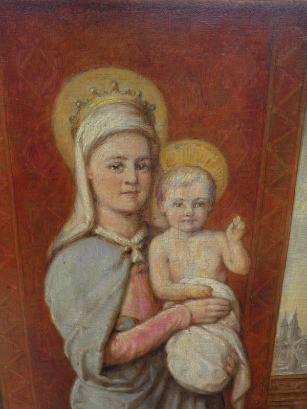 Antique oil panel 1906 Religious painting madonna child