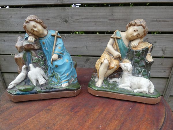 Antique pair french ceramic chalk statue saint john young jesus set