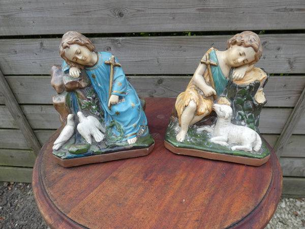 Antique pair french ceramic chalk statue saint john young jesus set