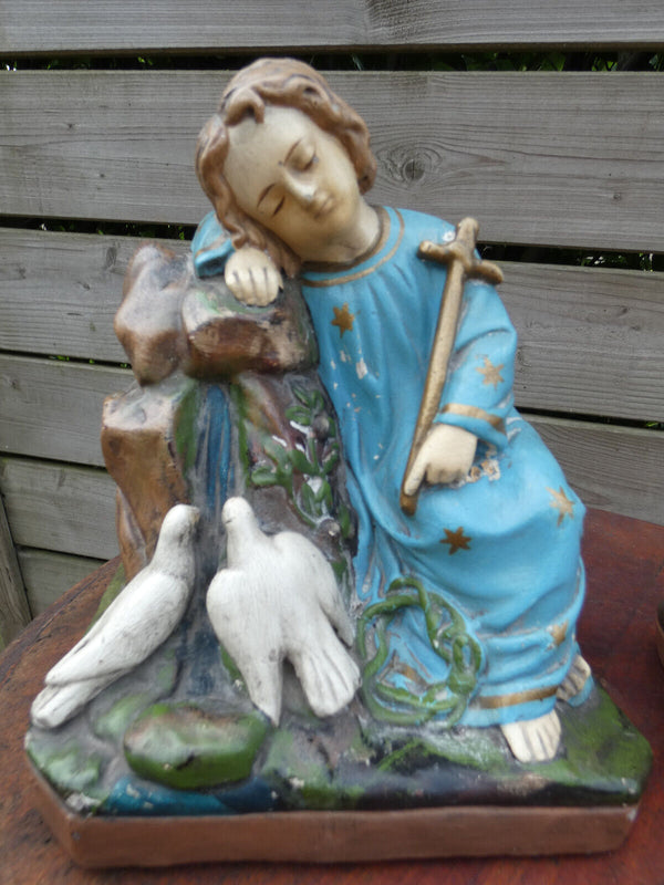 Antique pair french ceramic chalk statue saint john young jesus set