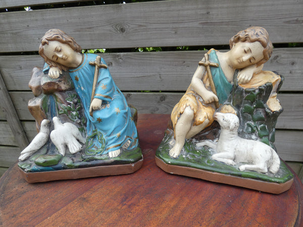 Antique pair french ceramic chalk statue saint john young jesus set