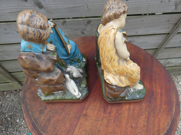 Antique pair french ceramic chalk statue saint john young jesus set