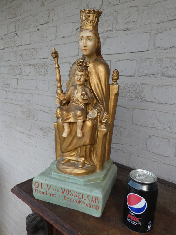 Antique Flanders our lady of Vosselaar Ceramic chalk statue on throne rare