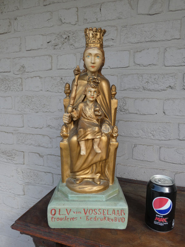 Antique Flanders our lady of Vosselaar Ceramic chalk statue on throne rare