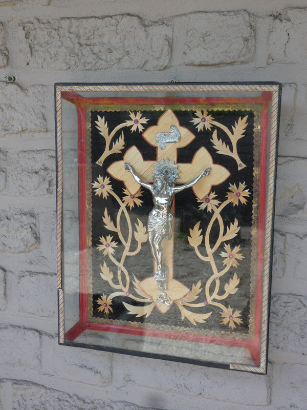 Antique french glass box crucifix wall plaque religious rare