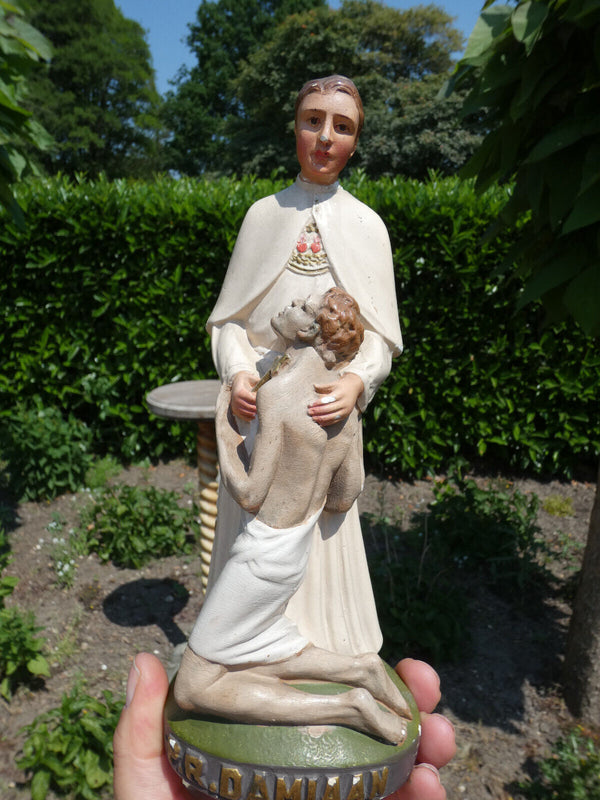 Antique Flanders Ceramic chalk statue father damiaan damien figurine religious