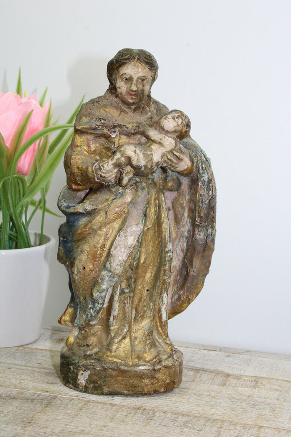 Rare 18thc Flanders Wood carved polychromie Madonna MAry figurine statue