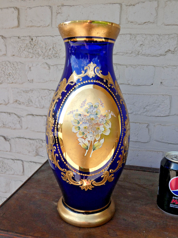 Italian Kobalt blue glass gold gilt relief Floral porcelain italian Vase