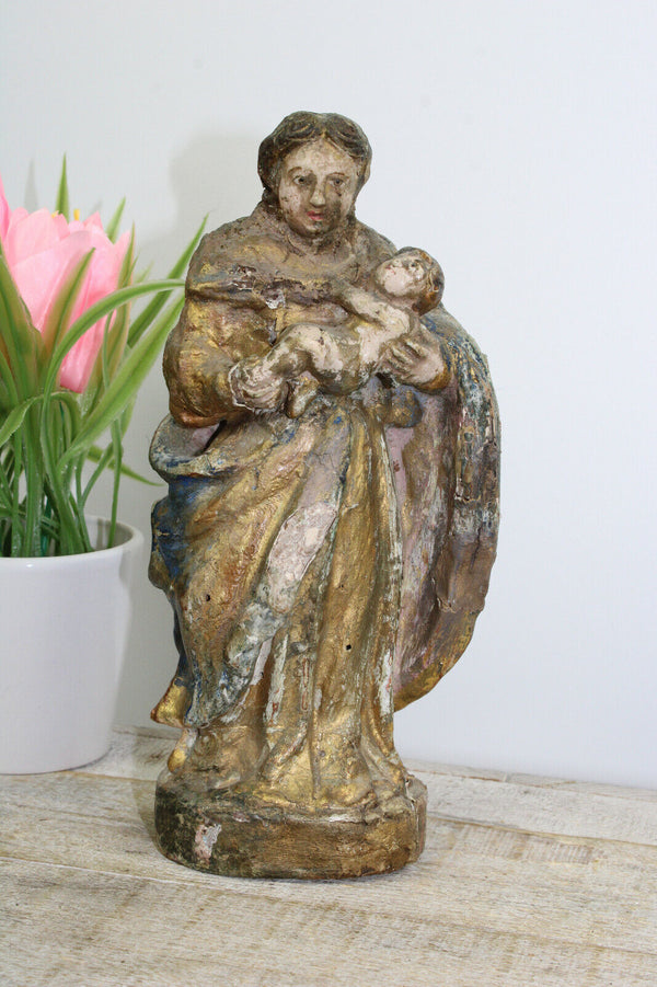 Rare 18thc Flanders Wood carved polychromie Madonna MAry figurine statue