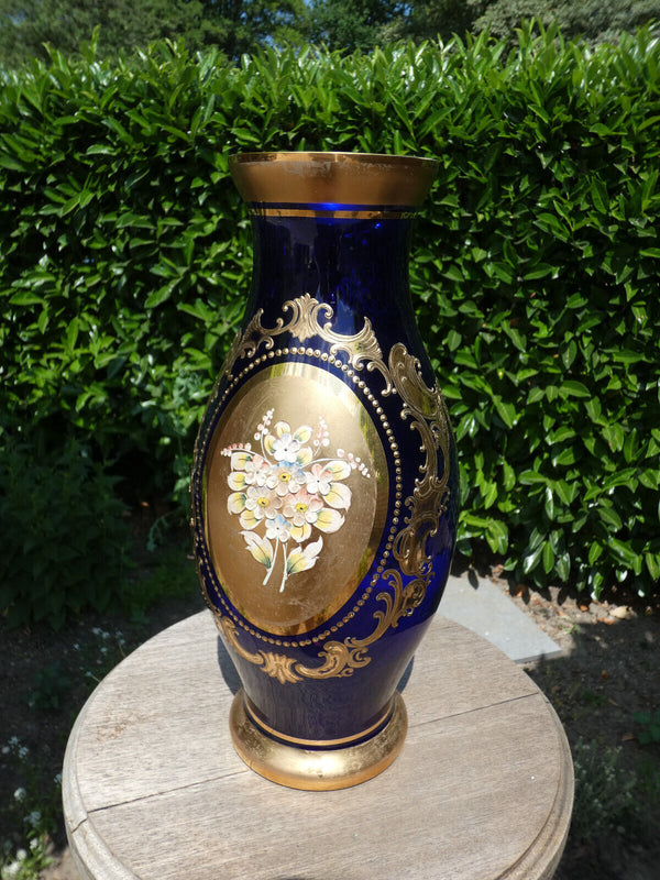 Italian Kobalt blue glass gold gilt relief Floral porcelain italian Vase