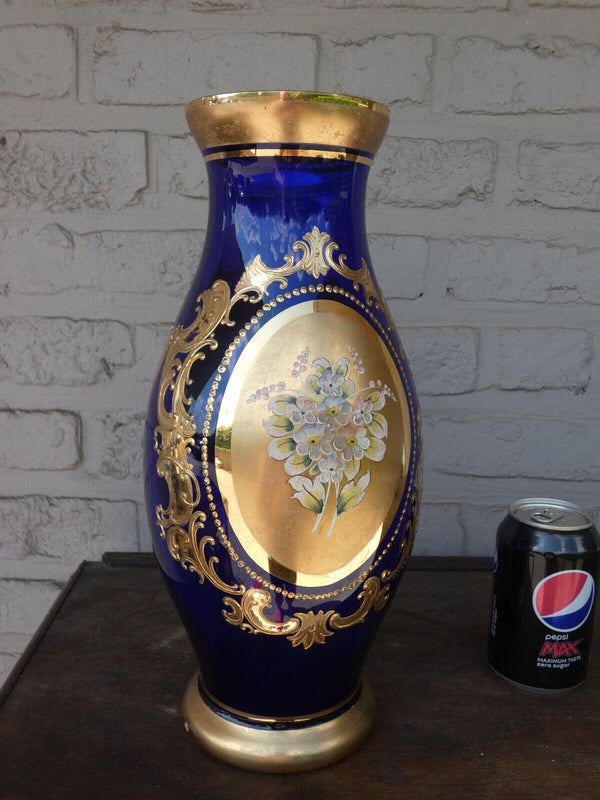 Italian Kobalt blue glass gold gilt relief Floral porcelain italian Vase