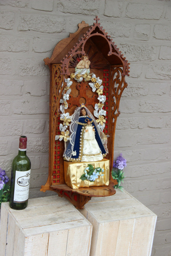 XL French wood cut neo gothic Religious wall chapel altar Madonna Crucifix 1950