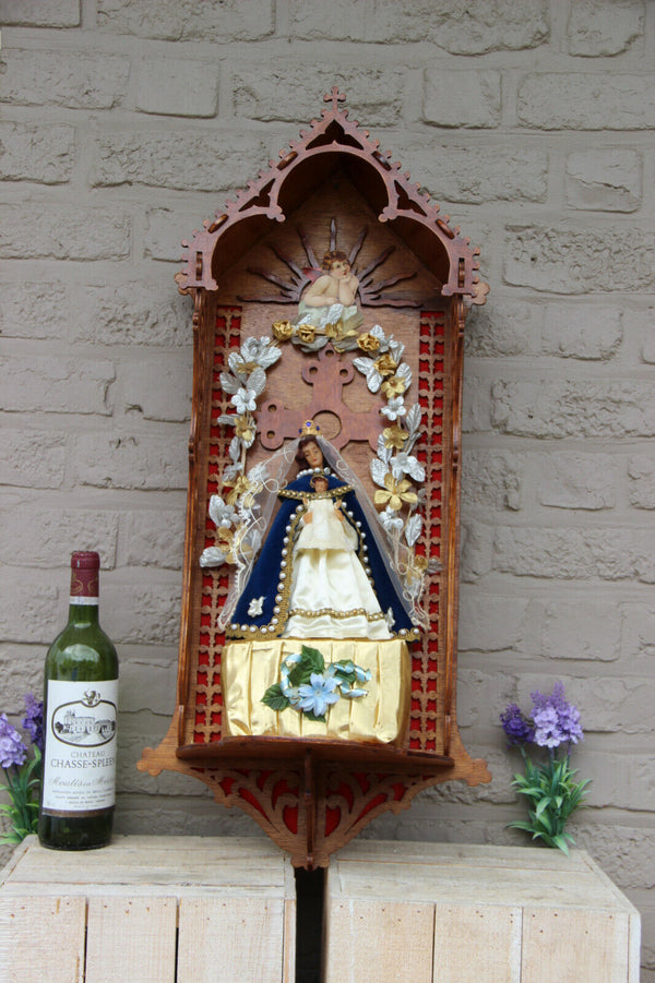 XL French wood cut neo gothic Religious wall chapel altar Madonna Crucifix 1950