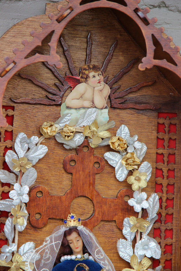 XL French wood cut neo gothic Religious wall chapel altar Madonna Crucifix 1950