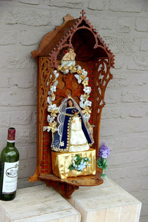 XL French wood cut neo gothic Religious wall chapel altar Madonna Crucifix 1950