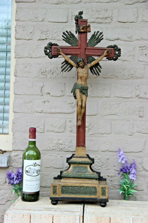 Top XL Antique Religious Altar Church crucifix Wood carved dated 1819