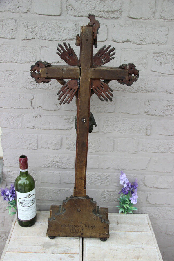 Top XL Antique Religious Altar Church crucifix Wood carved dated 1819