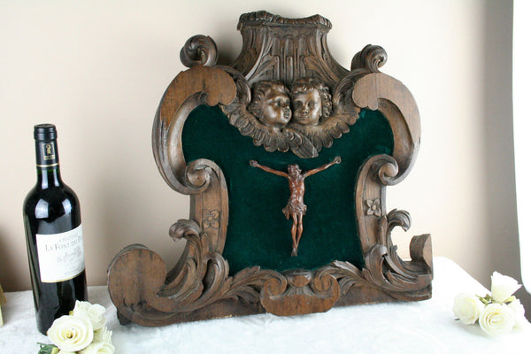 Old 1800 Religious Wood carved altar piece putti cherubs crucifix christ French