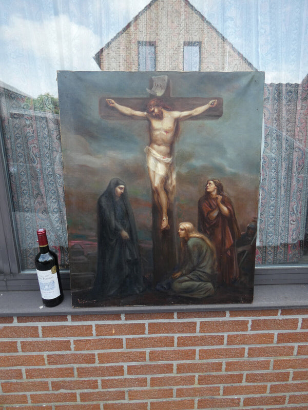Antique 19thc French oil canvas Calvary crucifixion crucifix jesus signed