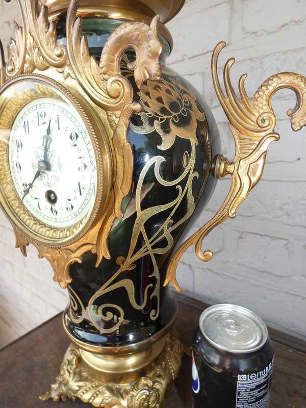 Antique art nouveau faience Dragons Mantel clock