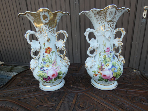PAIR antique vieux paris porcelain floral decor vases