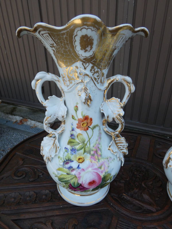 PAIR antique vieux paris porcelain floral decor vases
