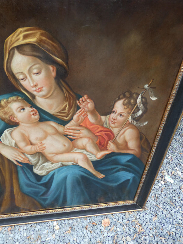 Top Antique italian oil canvas painting XL MAdonna child john baptist