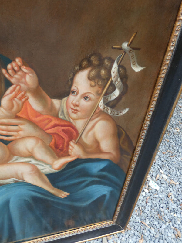 Top Antique italian oil canvas painting XL MAdonna child john baptist