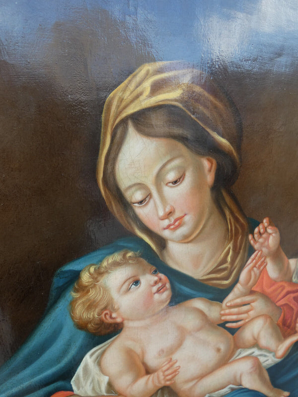 Top Antique italian oil canvas painting XL MAdonna child john baptist