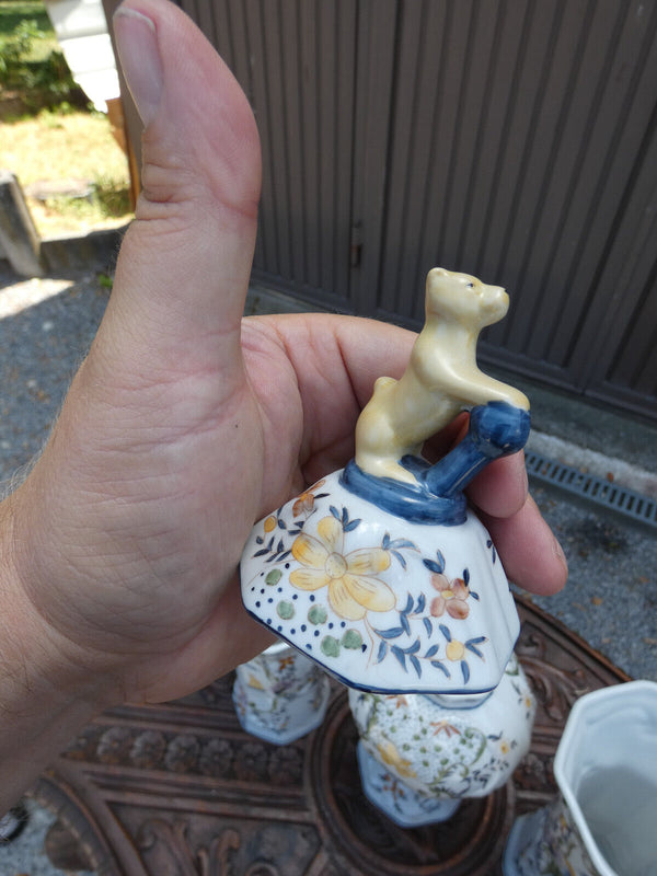 SEt 5 French faience marked Vases landscape decor dog lid