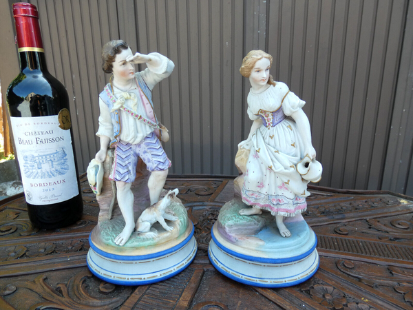 PAIR antique Vieux paris porcelain bisque Sculpture statue boy girl dog