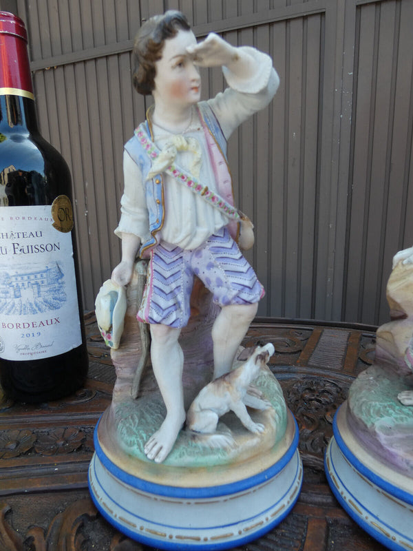 PAIR antique Vieux paris porcelain bisque Sculpture statue boy girl dog